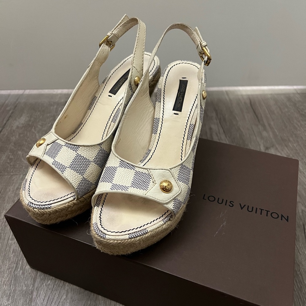 Authentic Louis Vuitton Azur Damier Wedge Espadrilles Sandal Sling Back Size 37